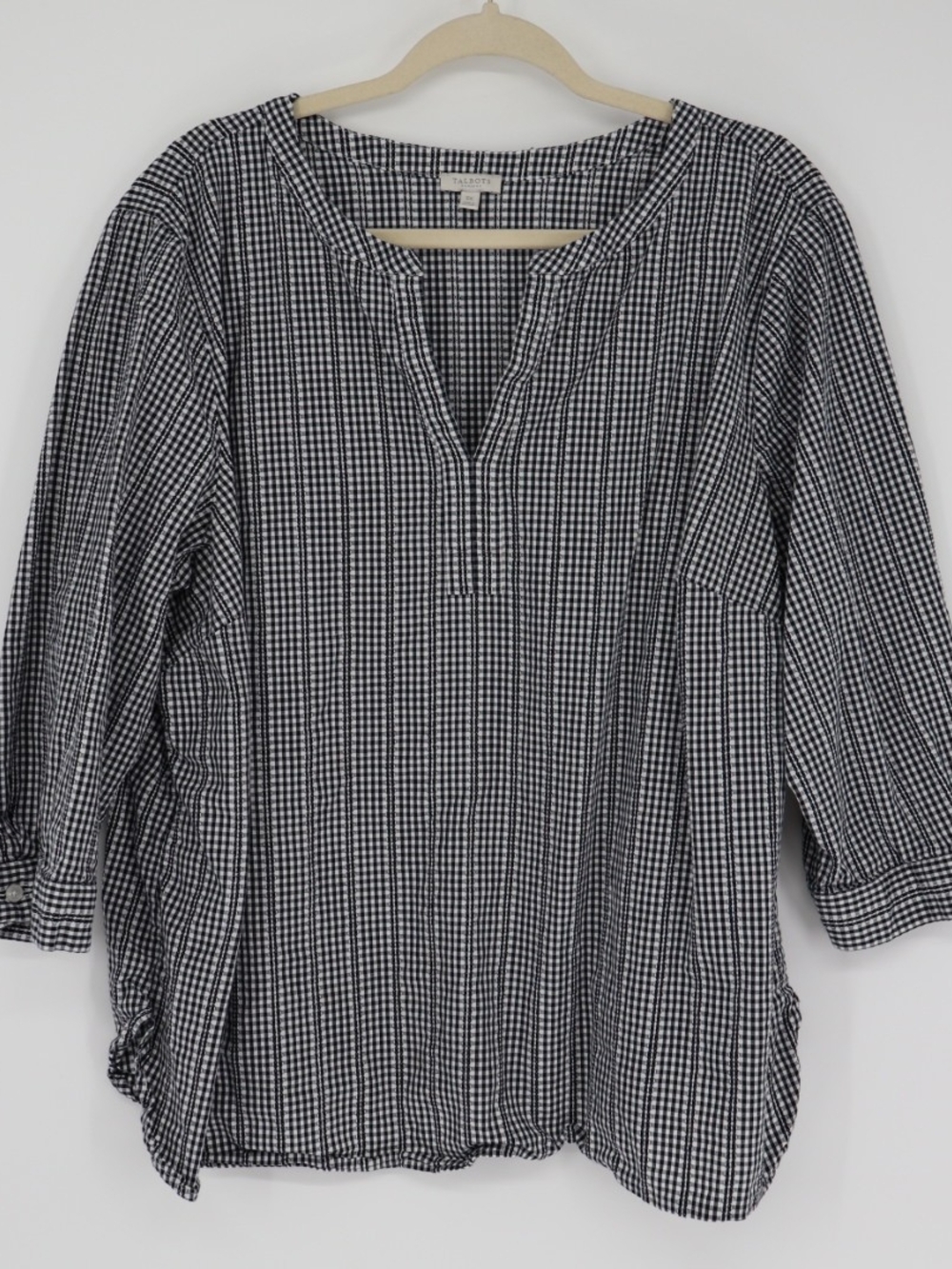 Talbots Women's Gingham Shirt Size 3x Popover Split Neck Blue White 3/4 Sleeve